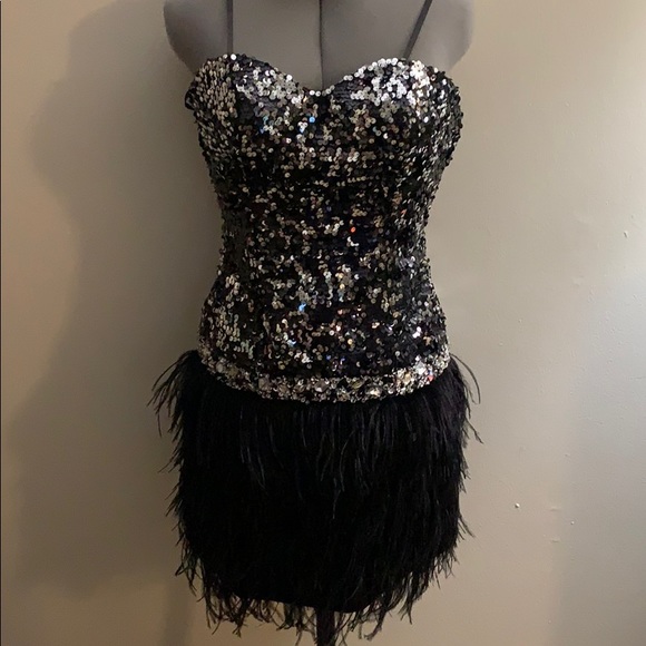 Night Moves Prom Collection Dresses & Skirts - Black & Silver Sequin and Feather Homecoming Dress